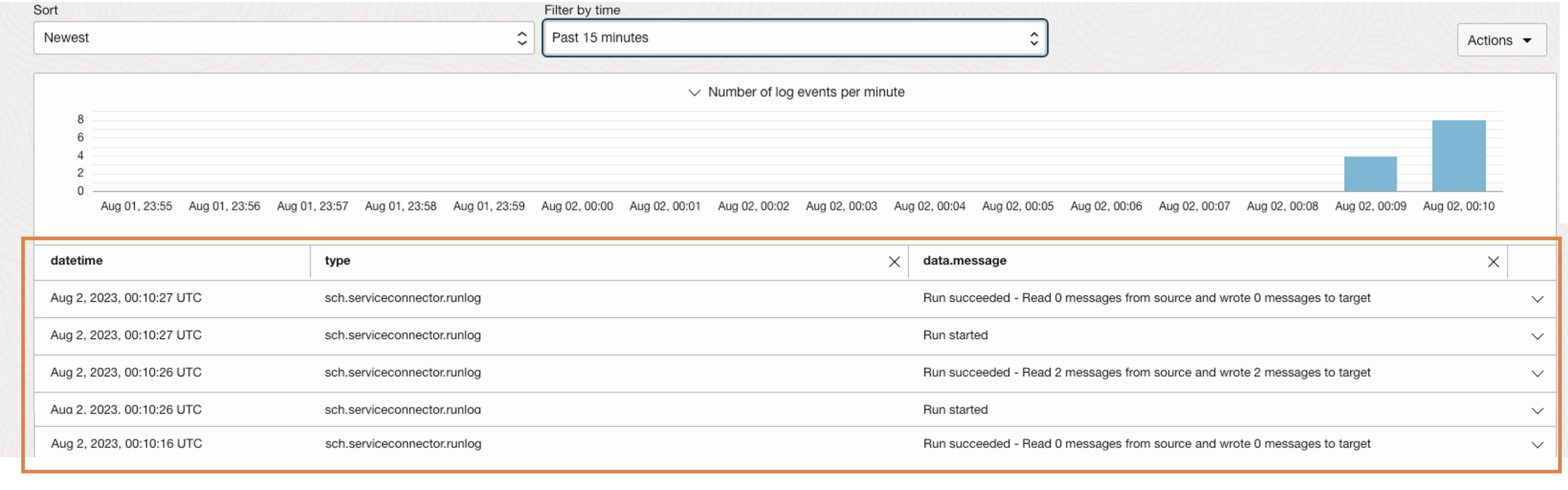 A screenshot of The Connector Hub service logs page.