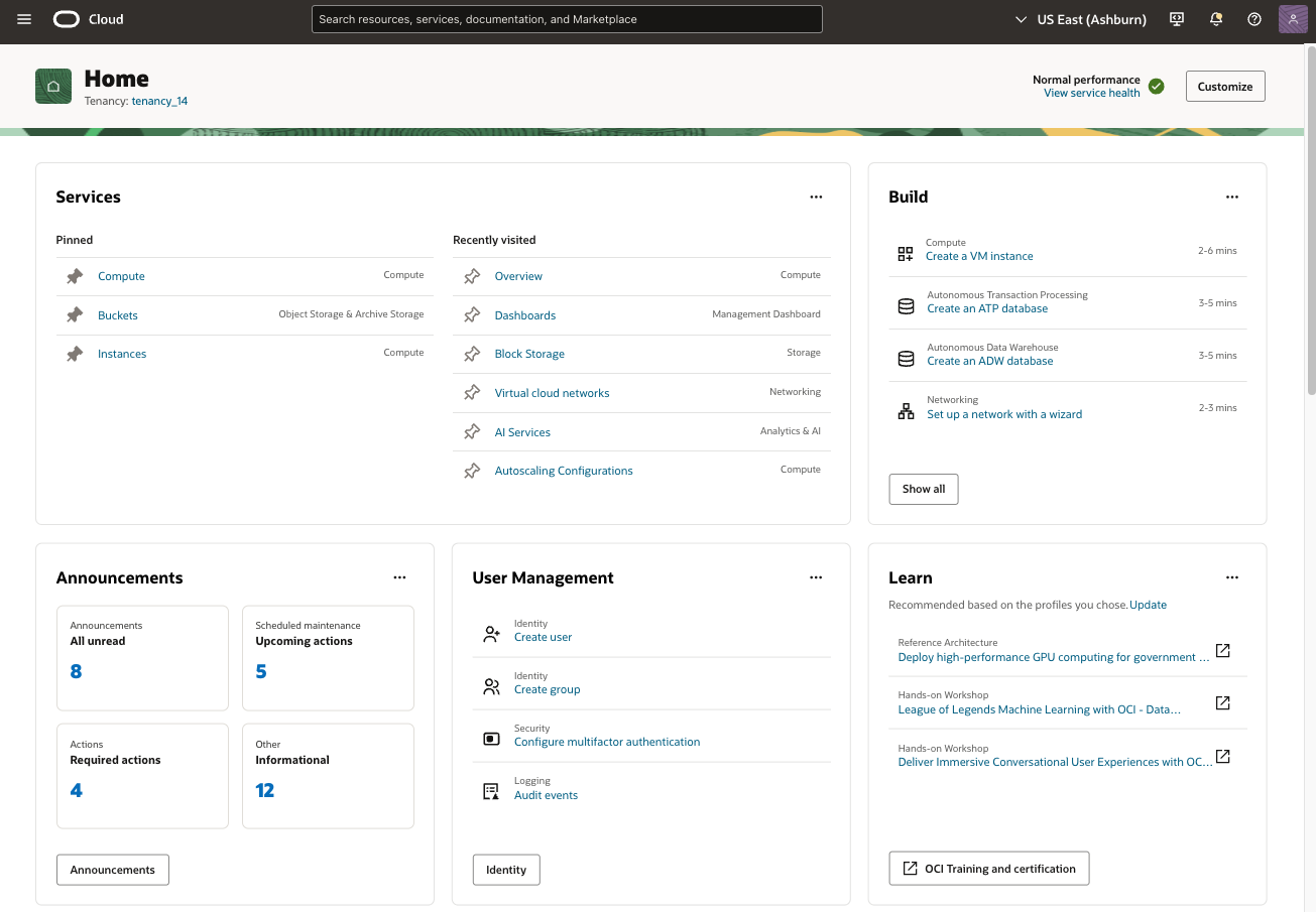 Customized widgets on the Console home page.