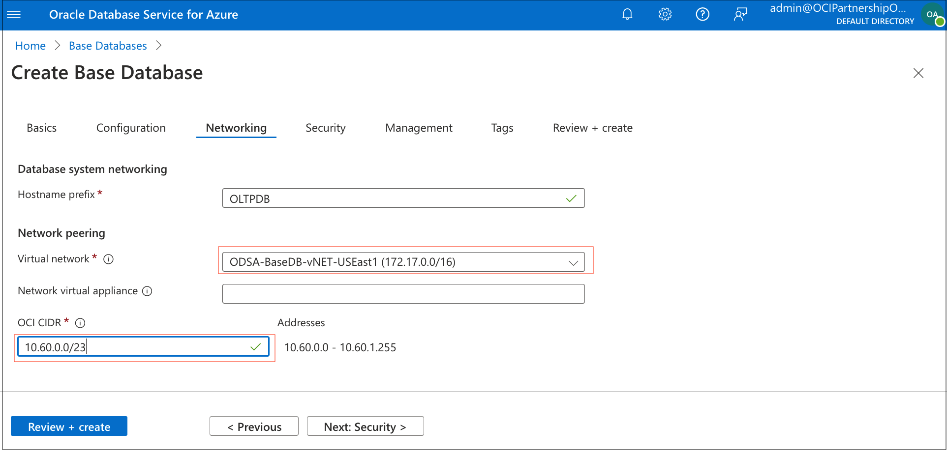 Screenshot of network CIDR configurations