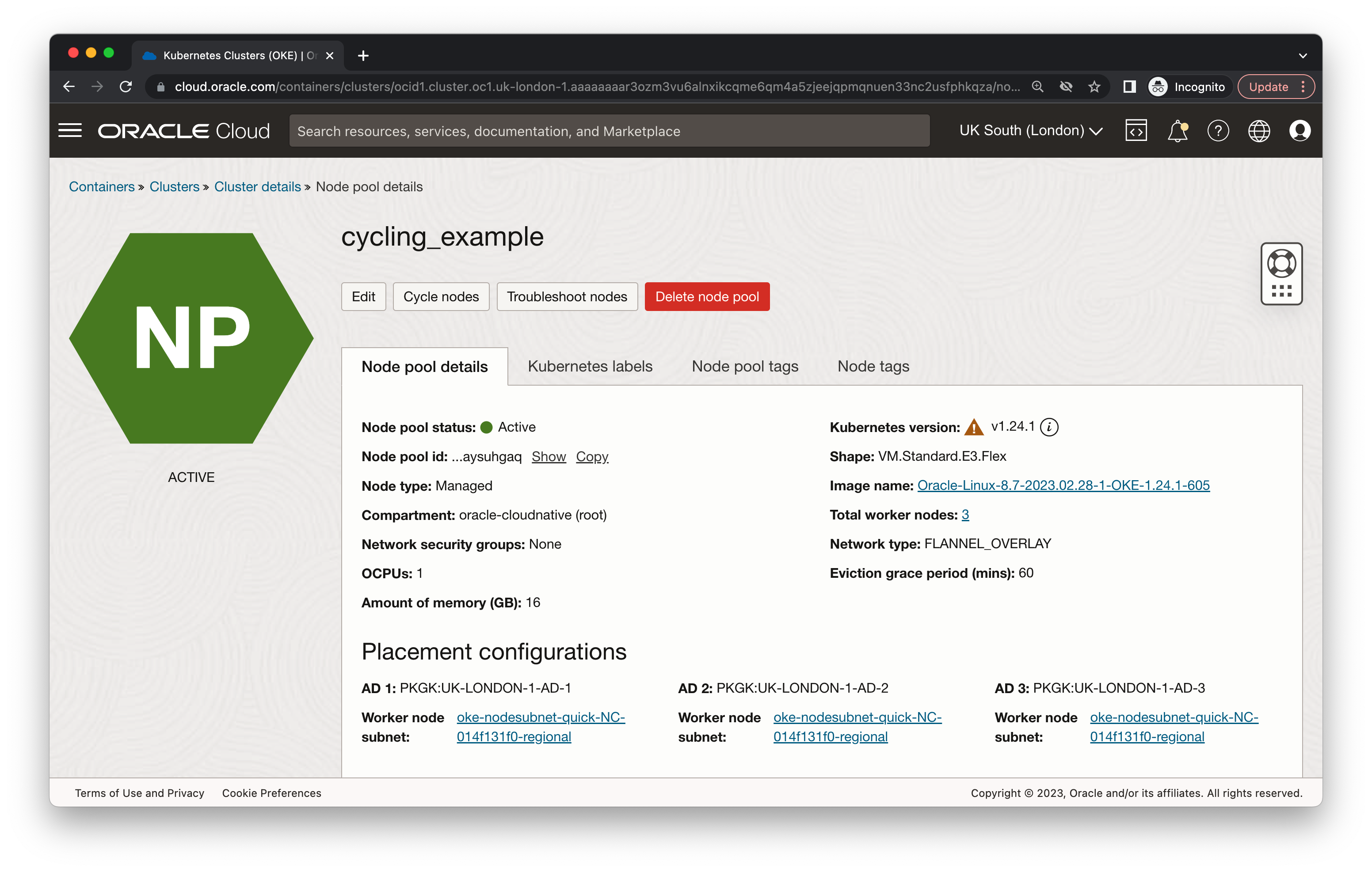 A screenshot of the Node pool details page in the Oracle Cloud Console.