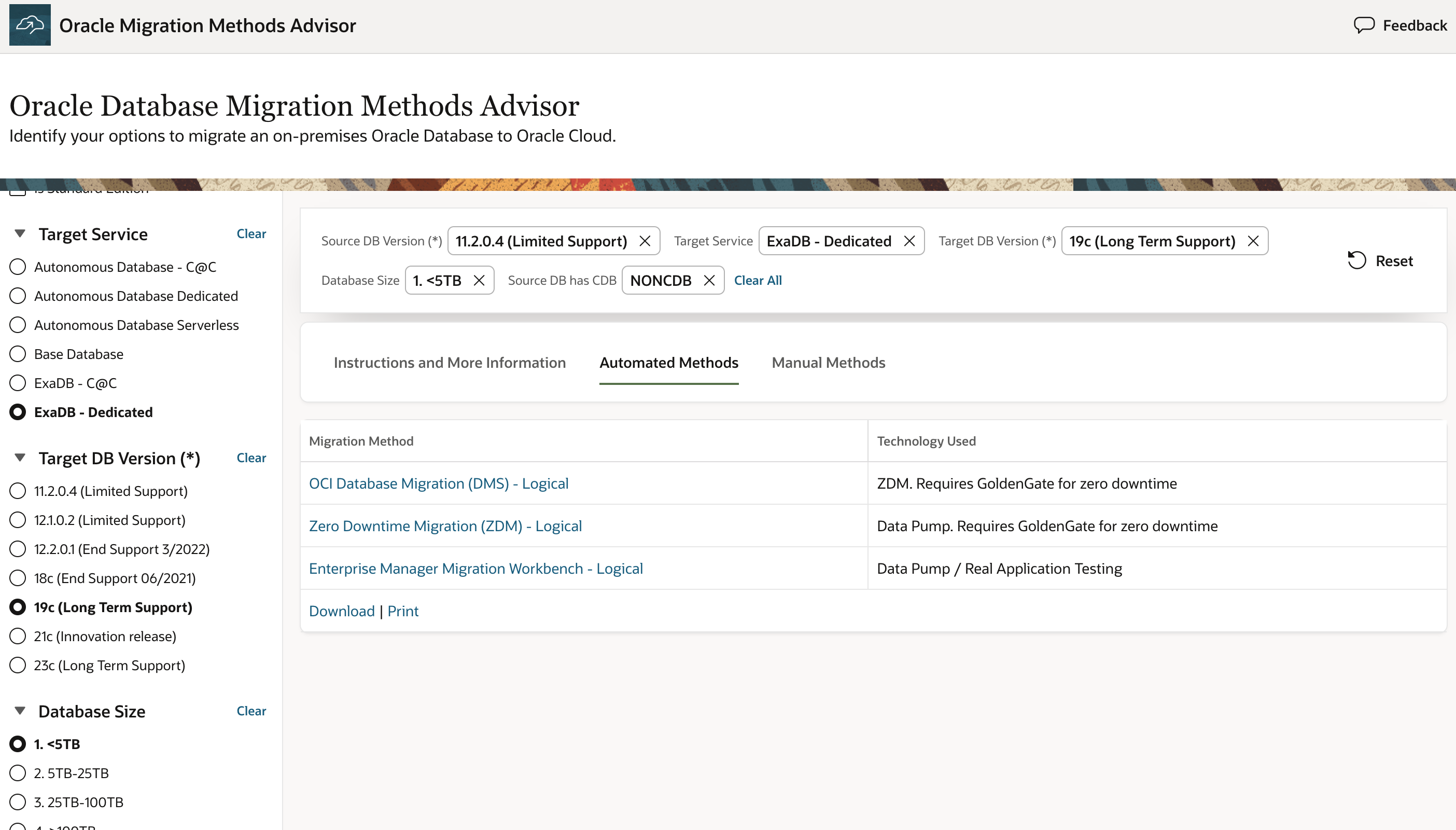 Oracle Database Migration Methods Advisor