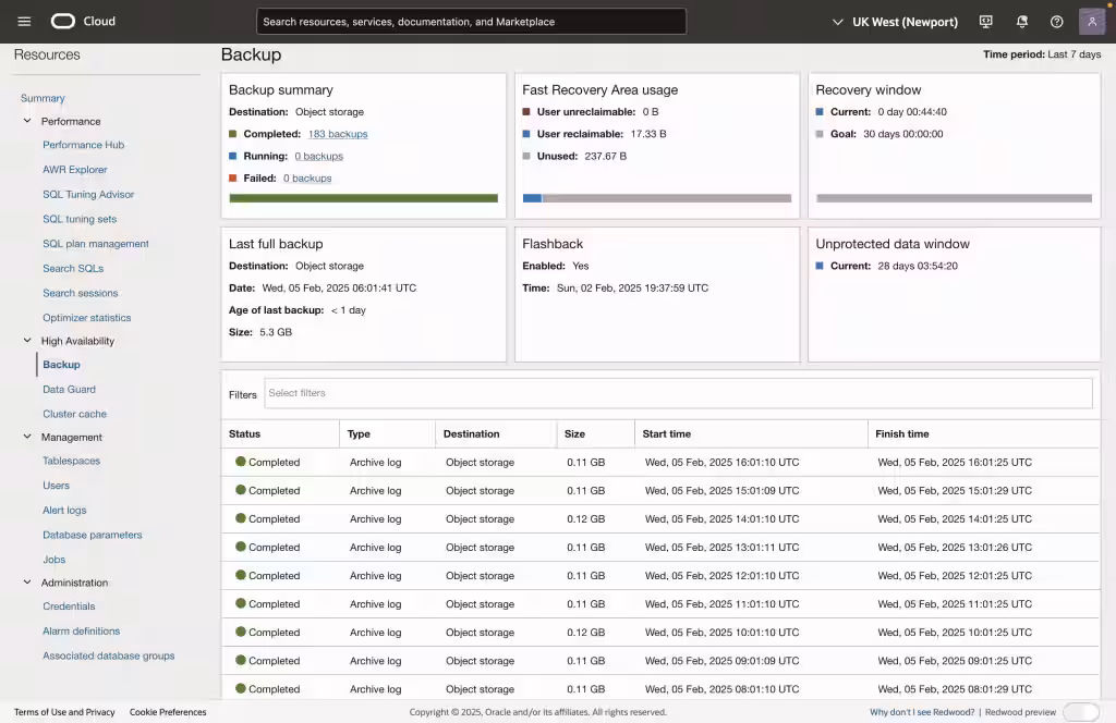 Figure 4:  Single database backup details