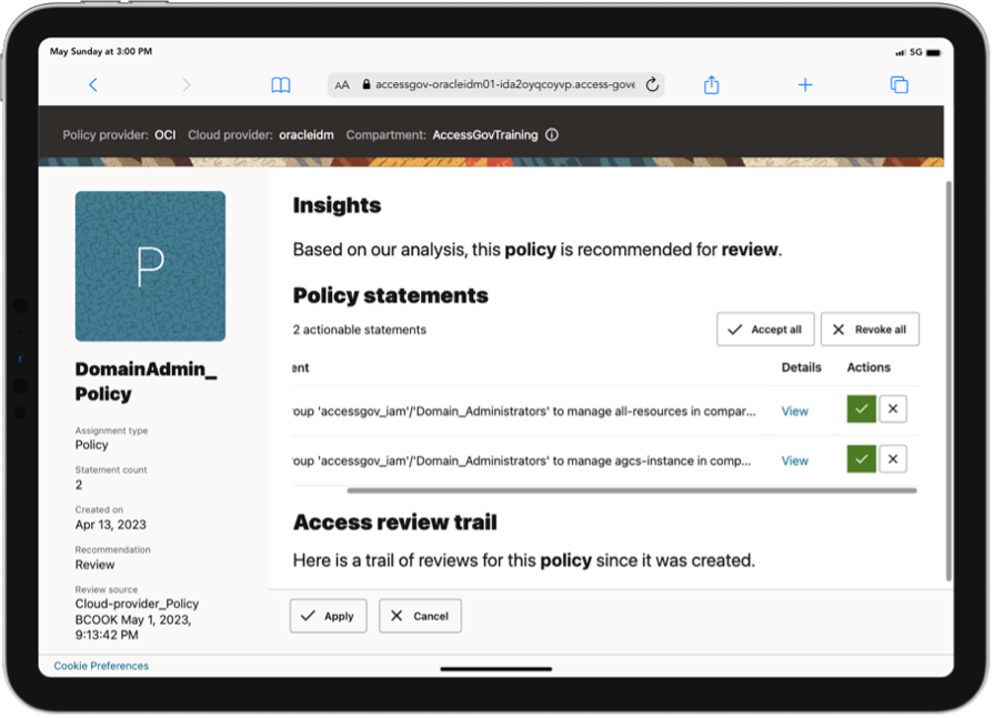 A screenshot of a sample tenant admin policy, showing the insights, policy statements, and access review trail.