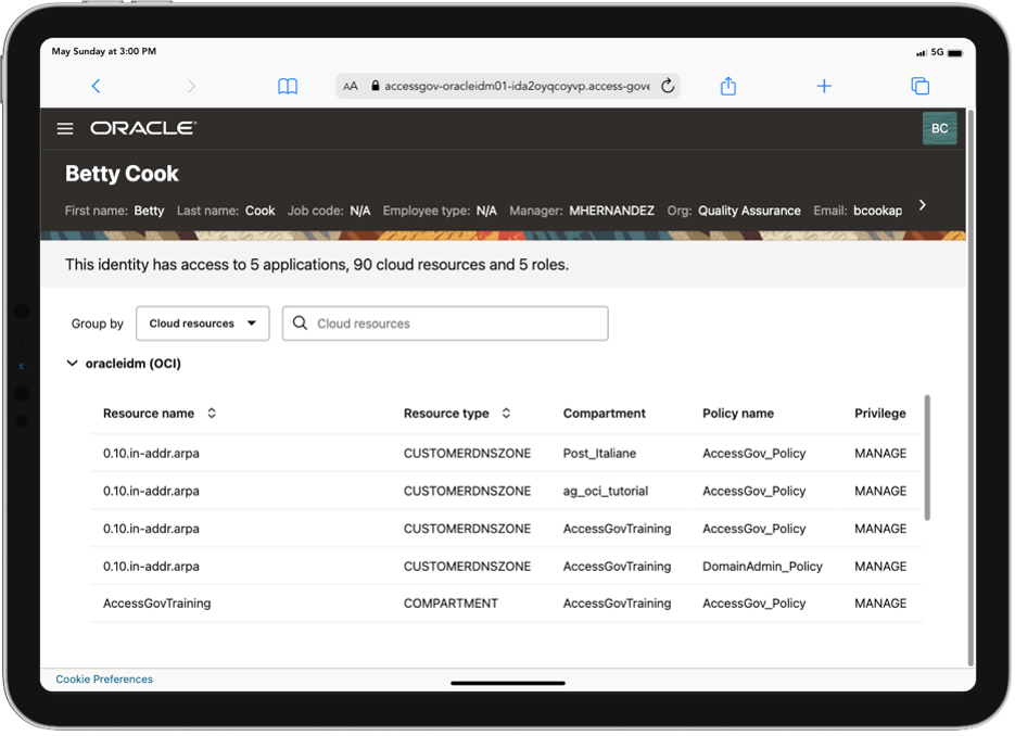 A screenshot of a sample tenant admin policy, showing the insights, policy statements, and access review trail.