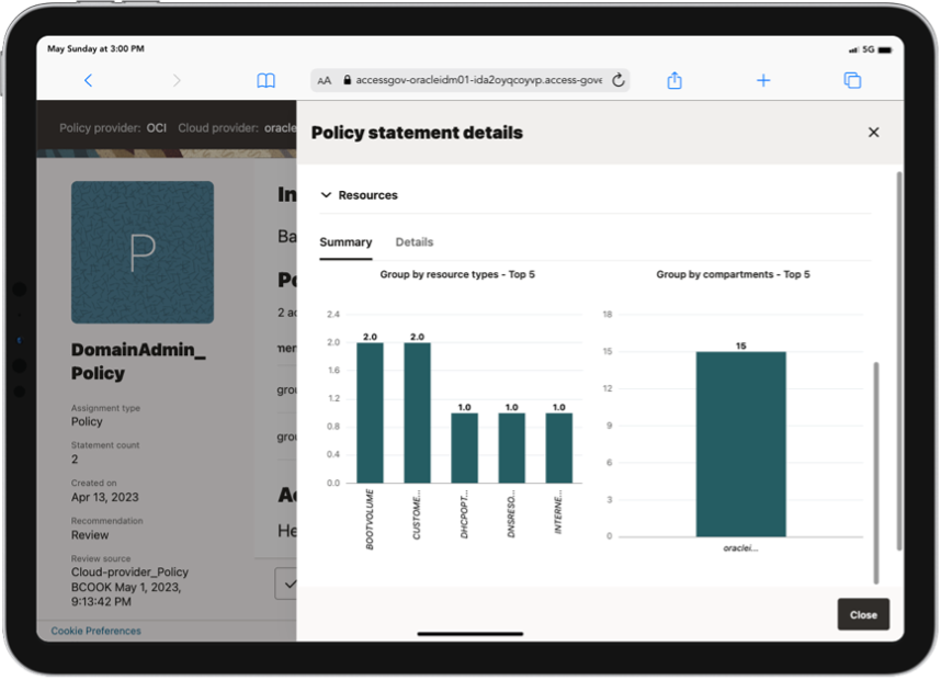  A screenshot of the Policy statement details window, showing the expanded Resources menu on the Summary tab.