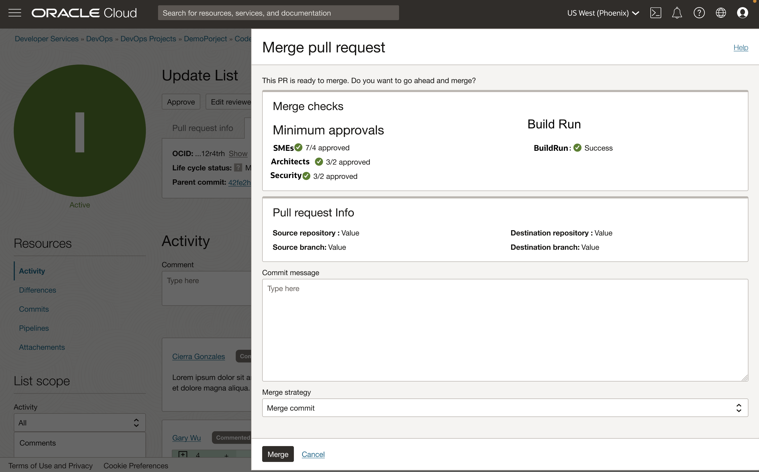 Merge check enforcement for minimum code approvals in Oracle Cloud Console.