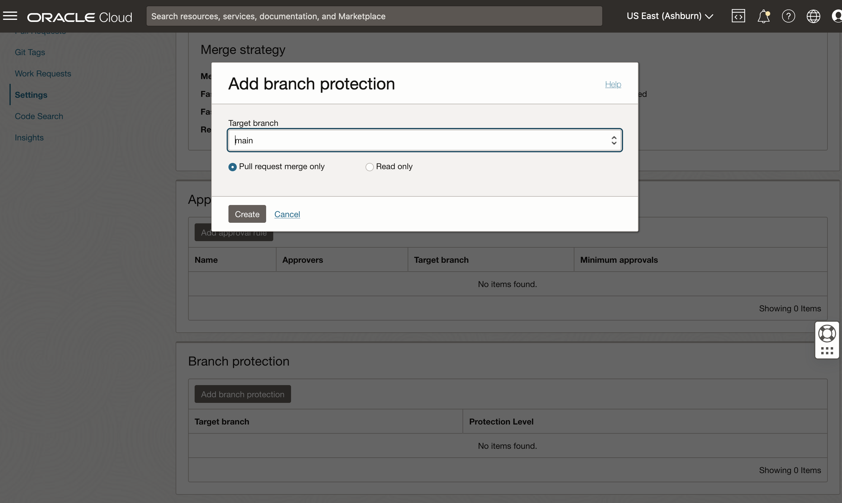 Adding branch protection in the Oracle Cloud Console.