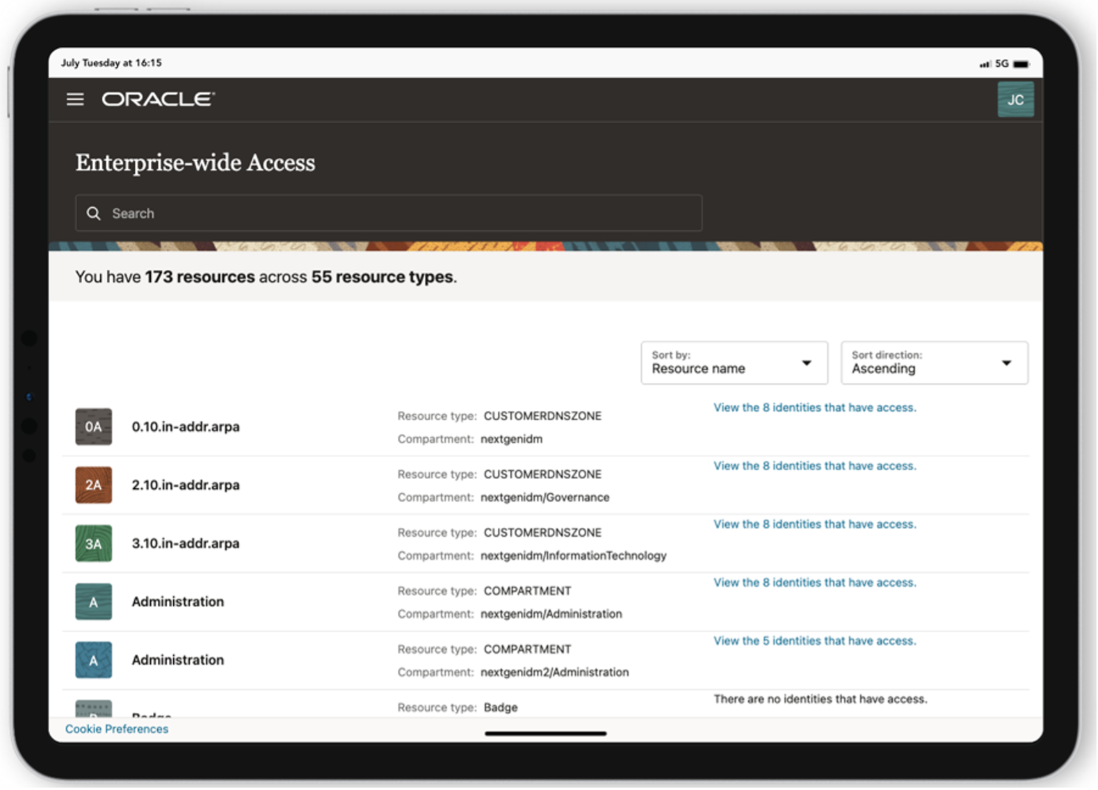 A screenshot of the Enterprise-wide Access screen showing the resources and resource types an example user has access to.