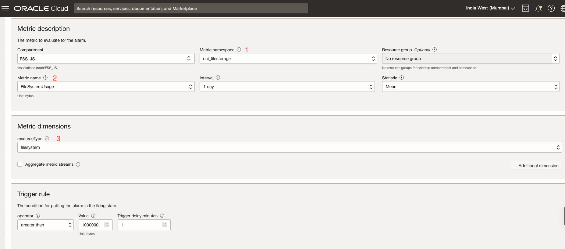 A screenshot of the Create Alarm page, showing the sections for metric description, dimensions, and trigger rule with fields filled in.
