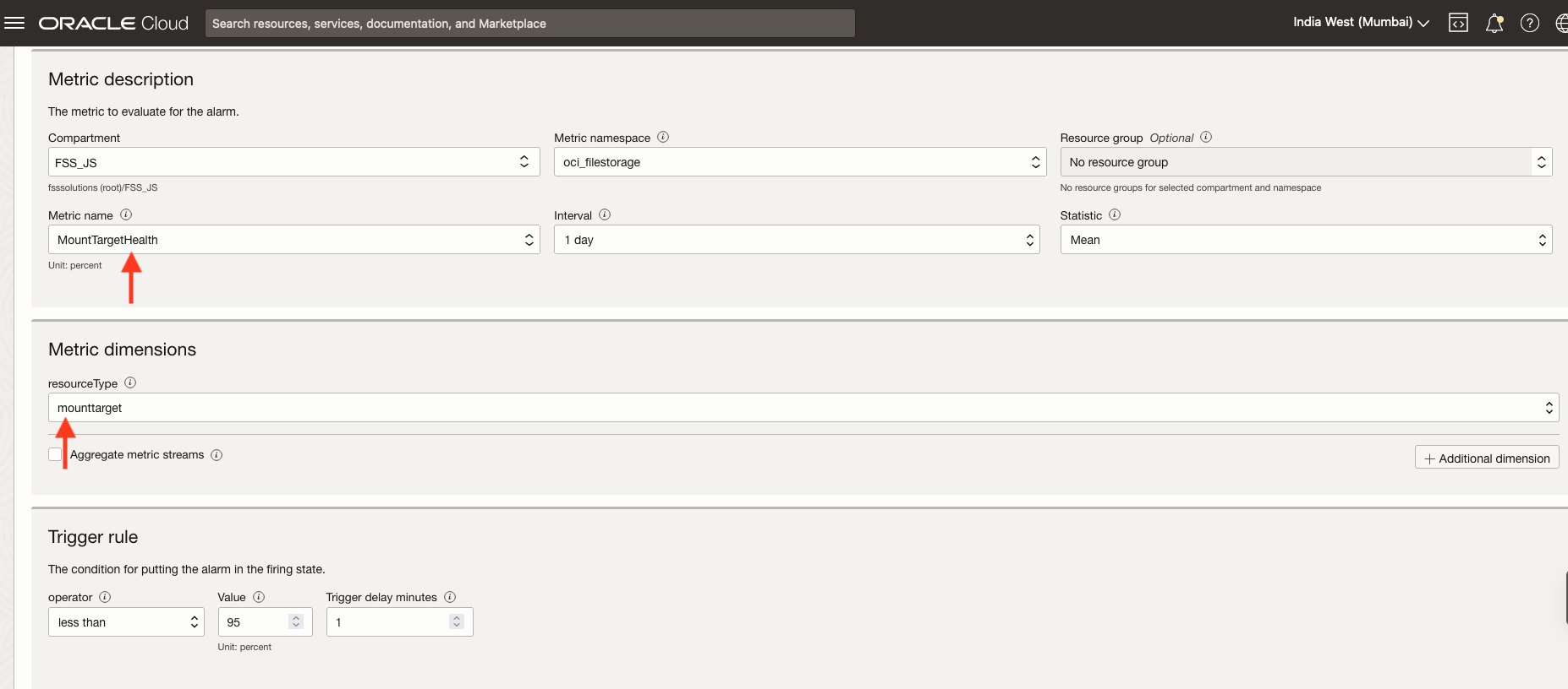 A screenshot of the Create Alarm screen with red arrows pointing to the metric name and resource type.