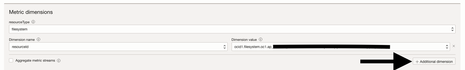 A screenshot of the Metric dimension section with a black arrow pointing to the Addition dimension button.