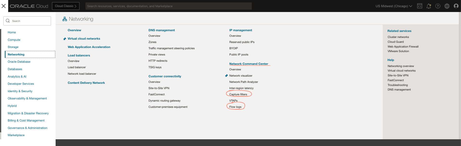 A screenshot of the expanded navigation menu in the Oracle Cloud Console with Netwkorking selected, Network Command Center underlined in red, and Capture filters and Flow logs circled in red.