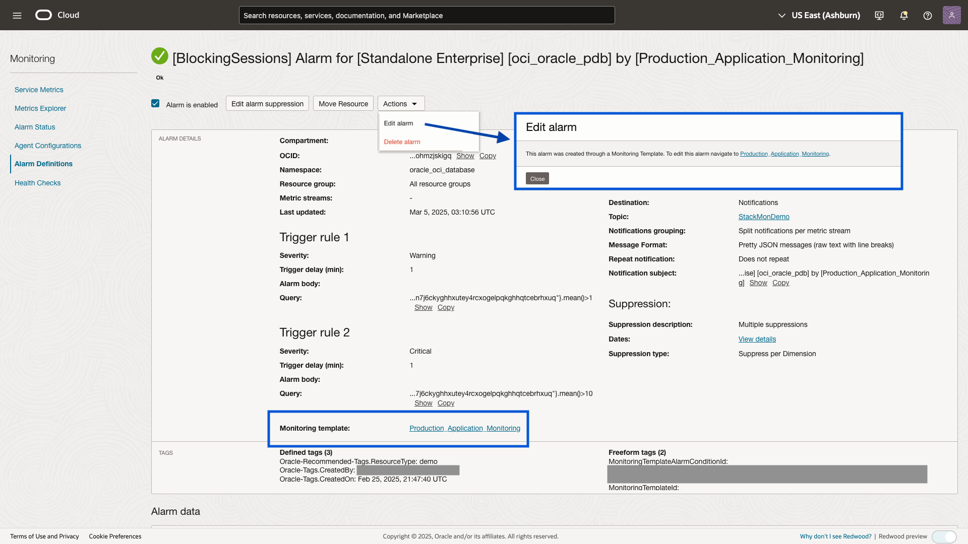 図2: 監視テンプレートを使用して作成されたOCI監視アラームルール。監視テンプレート内のルール編集リンクが表示されている。