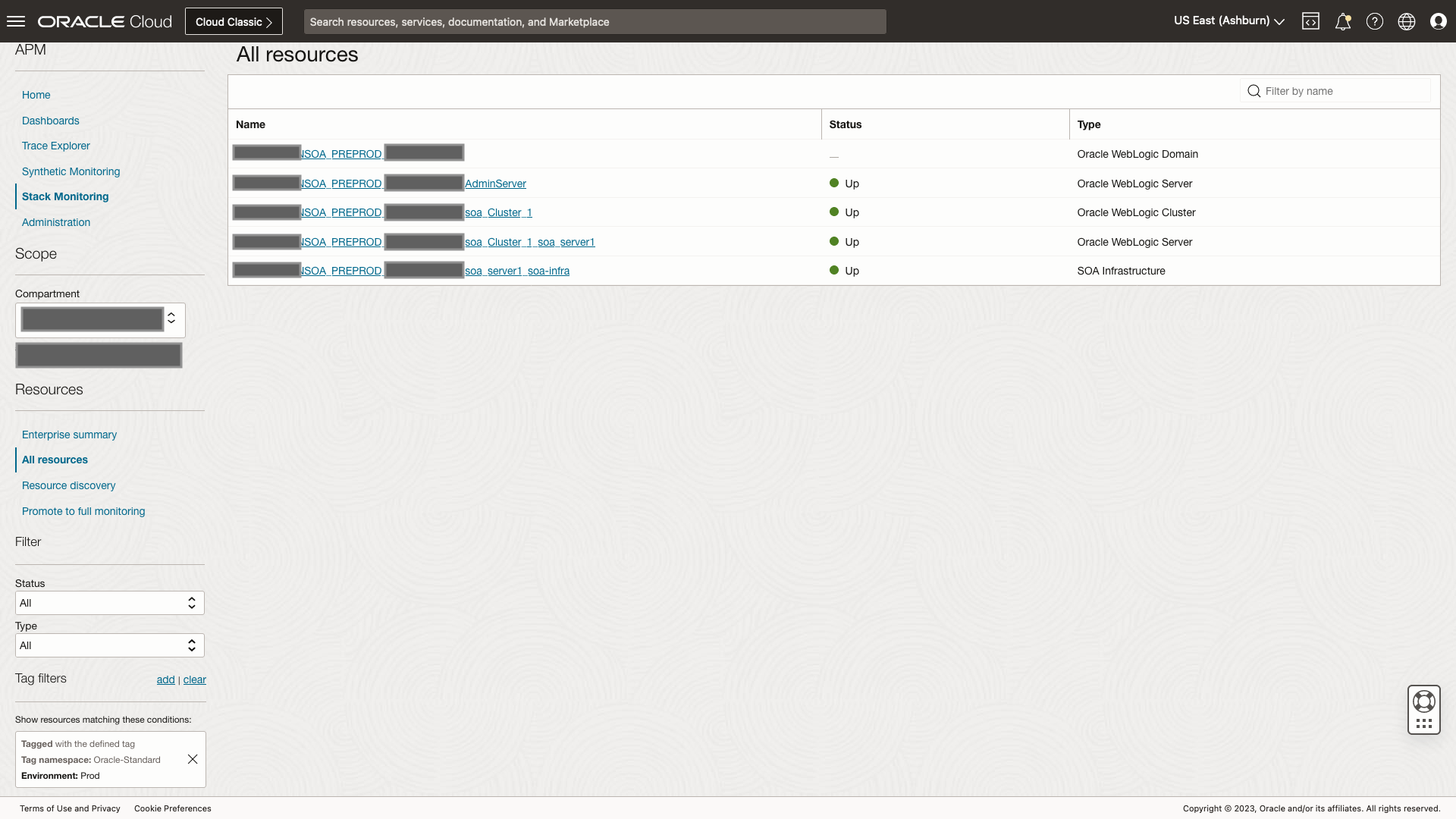 Figure 4: Stack Monitoring All Resources page filtered using OCI Tags
