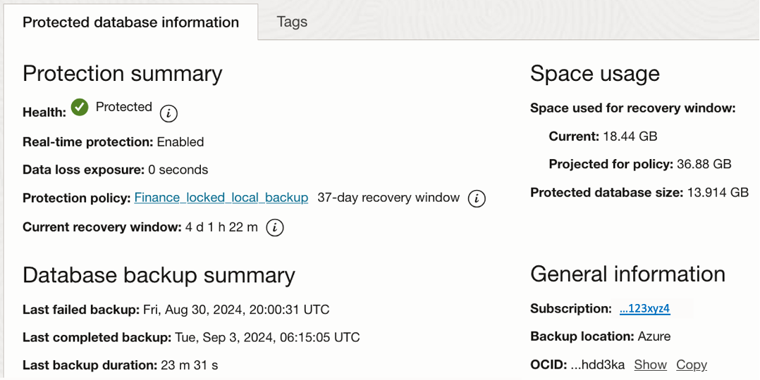 otected database information, including the protection summary, database backup summary, space usage, and general information