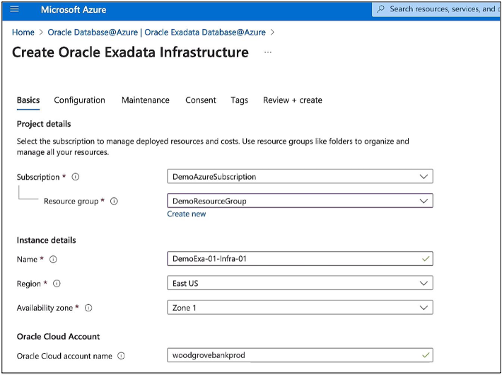 Image depicts creation of Oracle Exadata on Azure