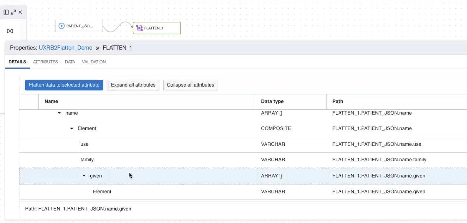 A screenshot of the Properties window of the data flow, showing the flatten operator.