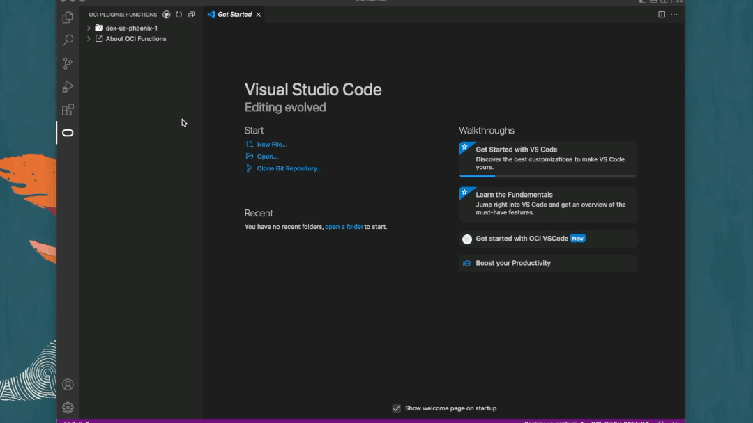 A gif showing the process for connecting the OCI Functions extension.