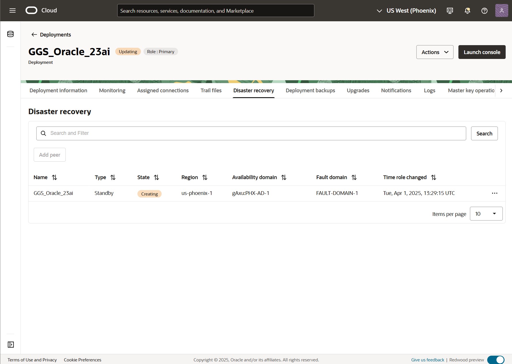 Standby peer creation