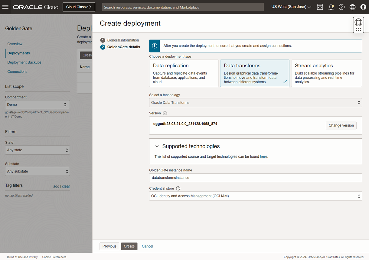 Creating a data transforms deployment in OCI GoldenGate from the OCI Console