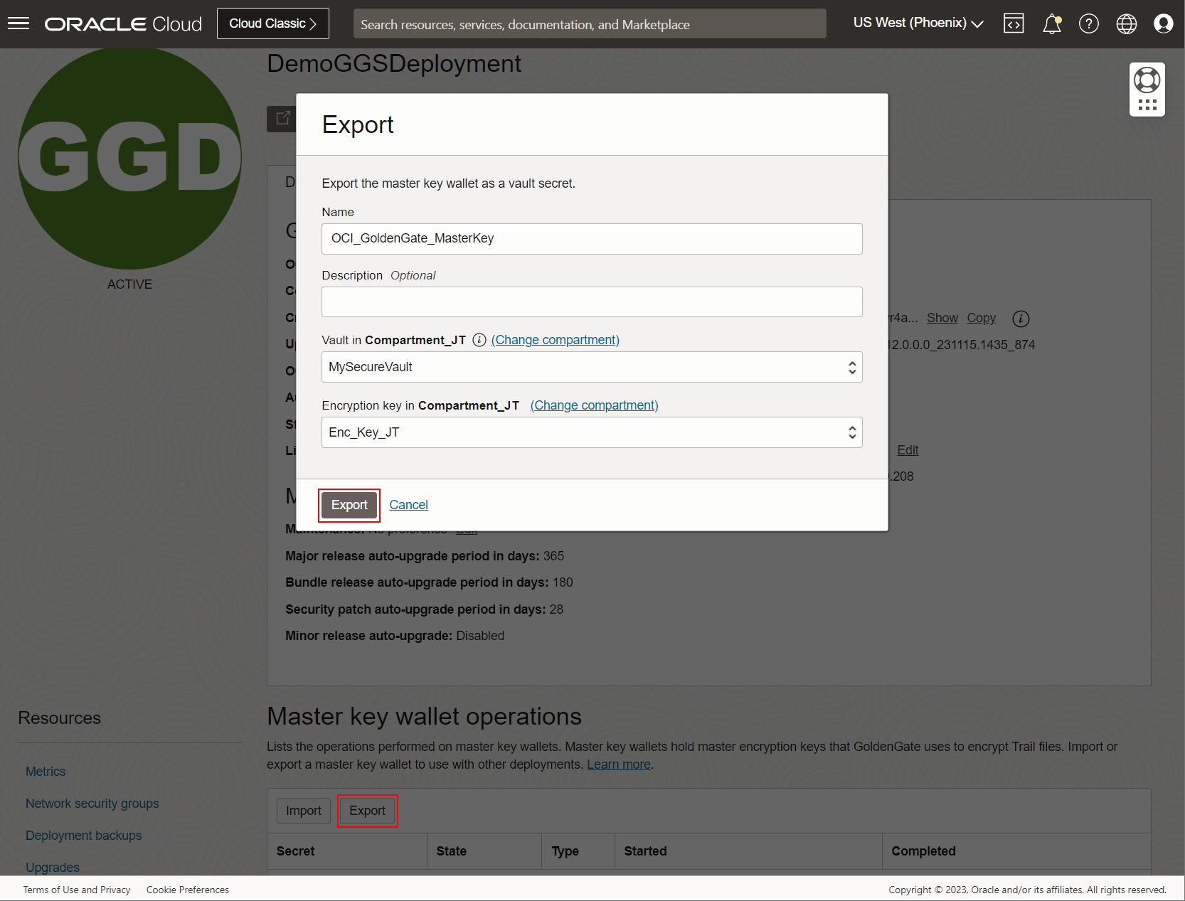 Export master key wallet using OCI Console