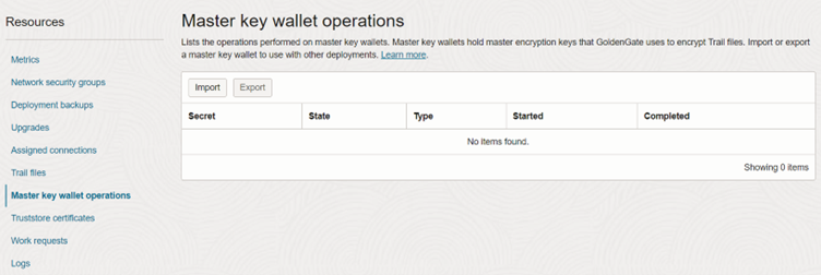 Master key wallet operations page in OCI Console