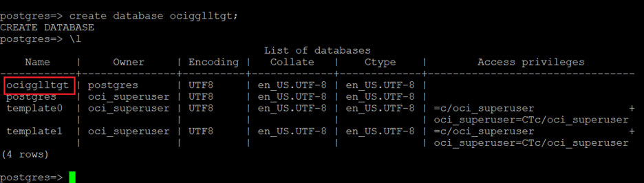 Creating DB in OCI DB with PostgreSQL