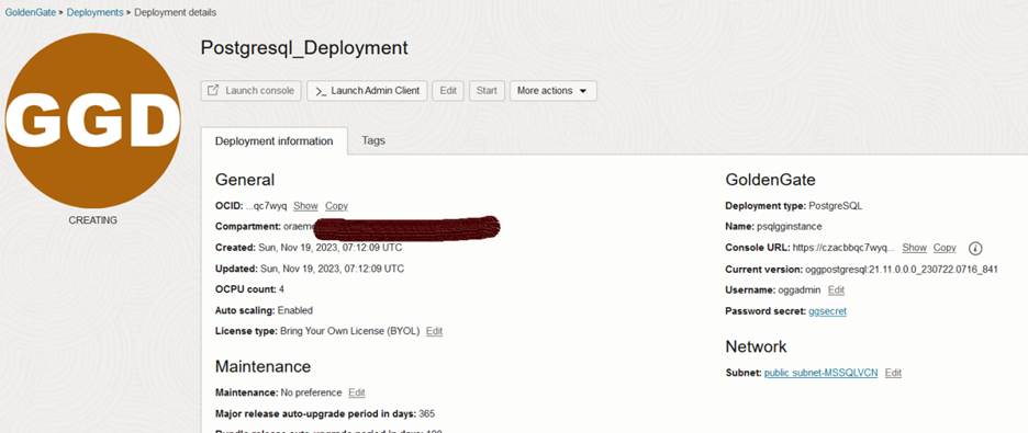 OCI GoldenGate PostgreSQL Deployment Creation - 3/3