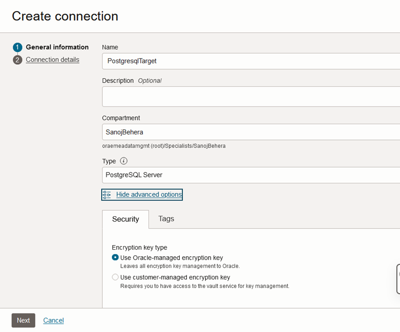 OCI PostgreSQL Target Connection Creation - 1/3