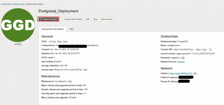 OCI GoldenGate deployment for PostgreSQL - Details page