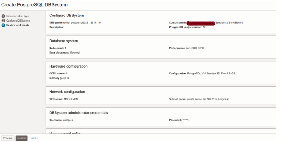 OCI PostgreSQL creation - final screen