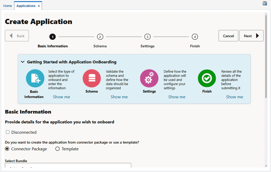 Oracle Identity Governance 14c application onboarding user interface.