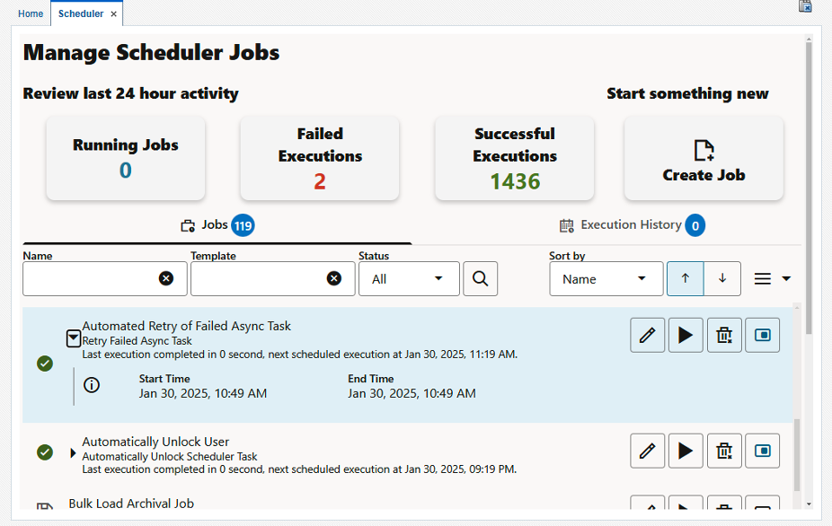 Oracle Identity Governance 14c Job Scheduler user interface.