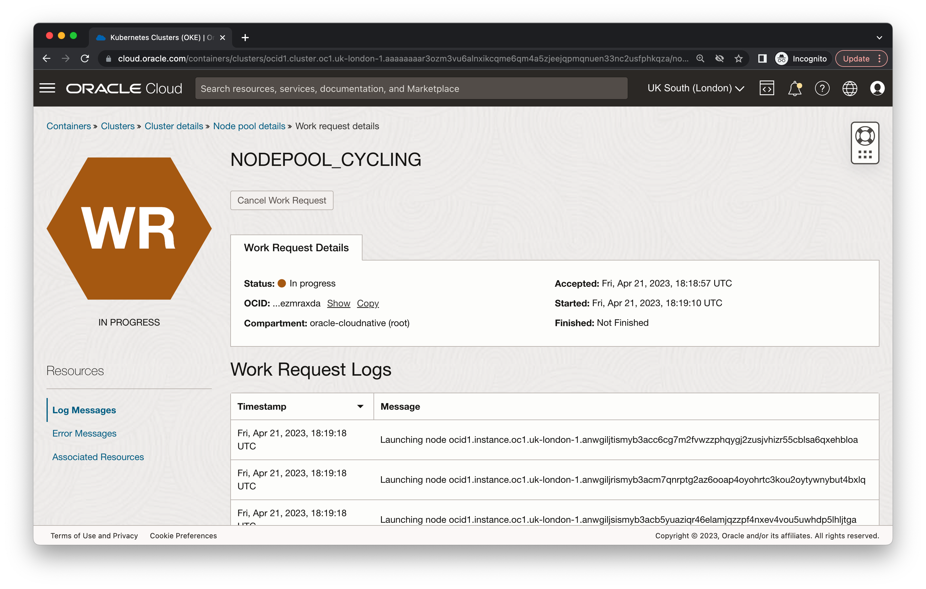 A screenshot of the Work request details page showing the in-progress work request.
