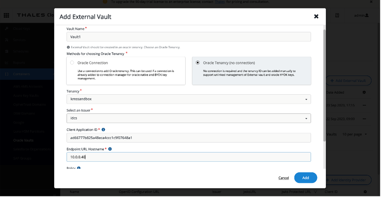 A screenshot of the Add External Vault window in the Oracle Cloud Console with the options selected and fields filled in.