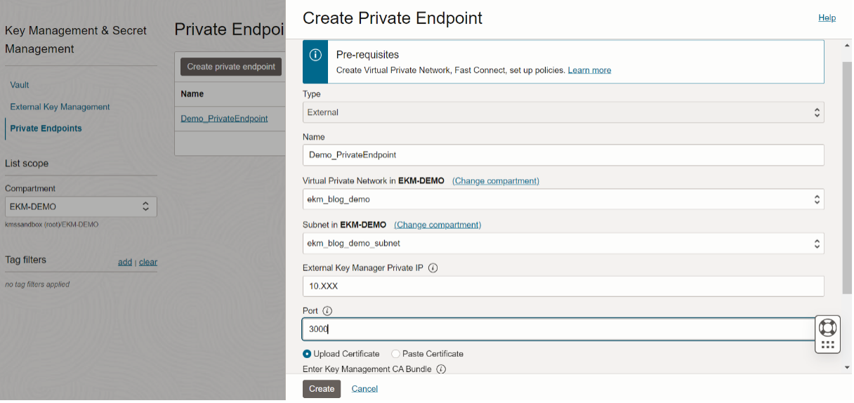 A screenshot of the Create Private Endpoint window in the Console with the fields filled in.