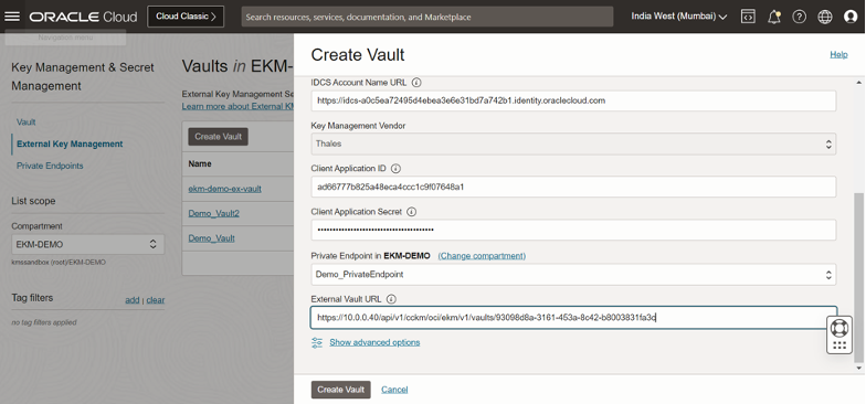 A screenshot if the Create Vault window in the Console.