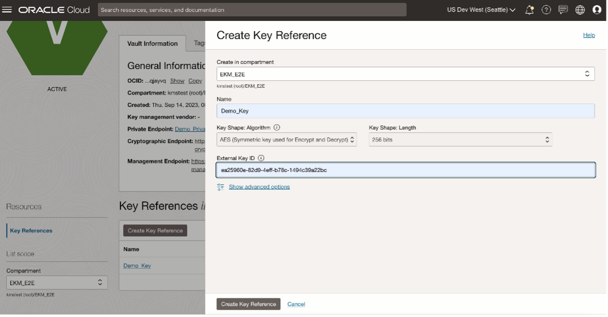 A screenshot of the Create Key Reference window in the Console.