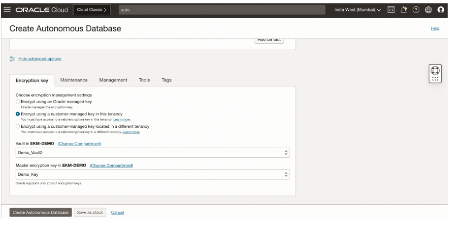 A screenshot of the Create Autonomous Database screen showing the Encryption key tab.