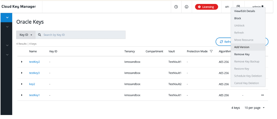 A screenshot of the available Oracle keys in the Key Cloud Manager in Thales CipherTrust Manager with the menu expanded.
