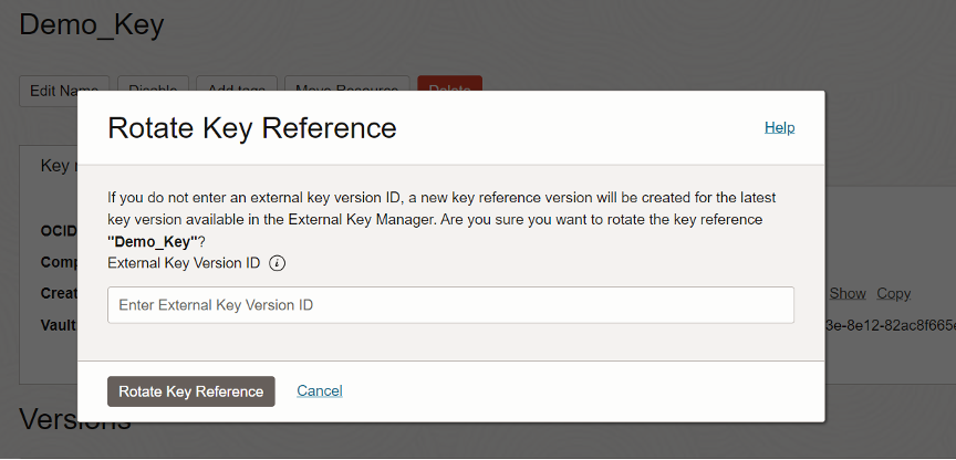A screenshot of the Rotate Key Reference window in the Oracle Cloud Console.