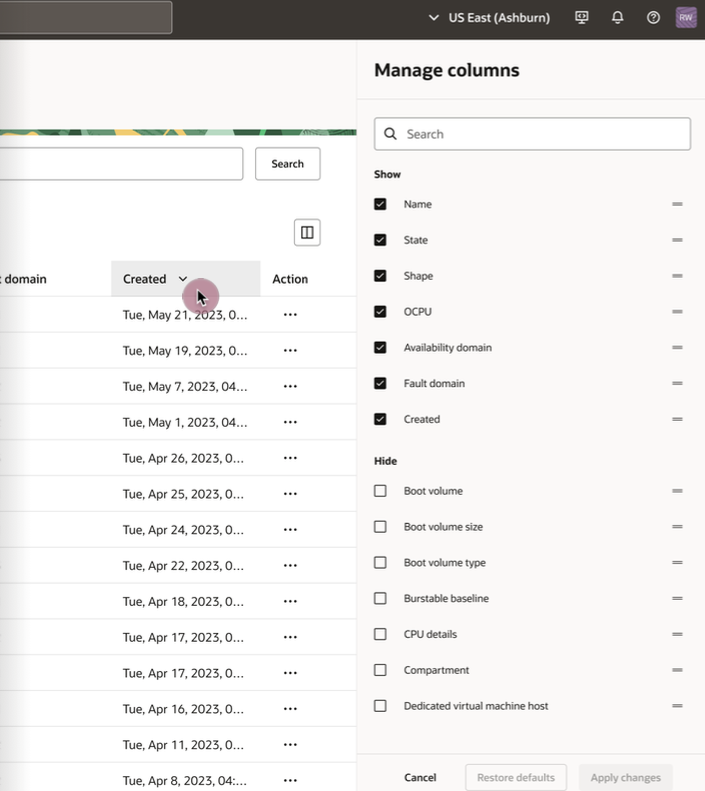 Managing columns in the Console.
