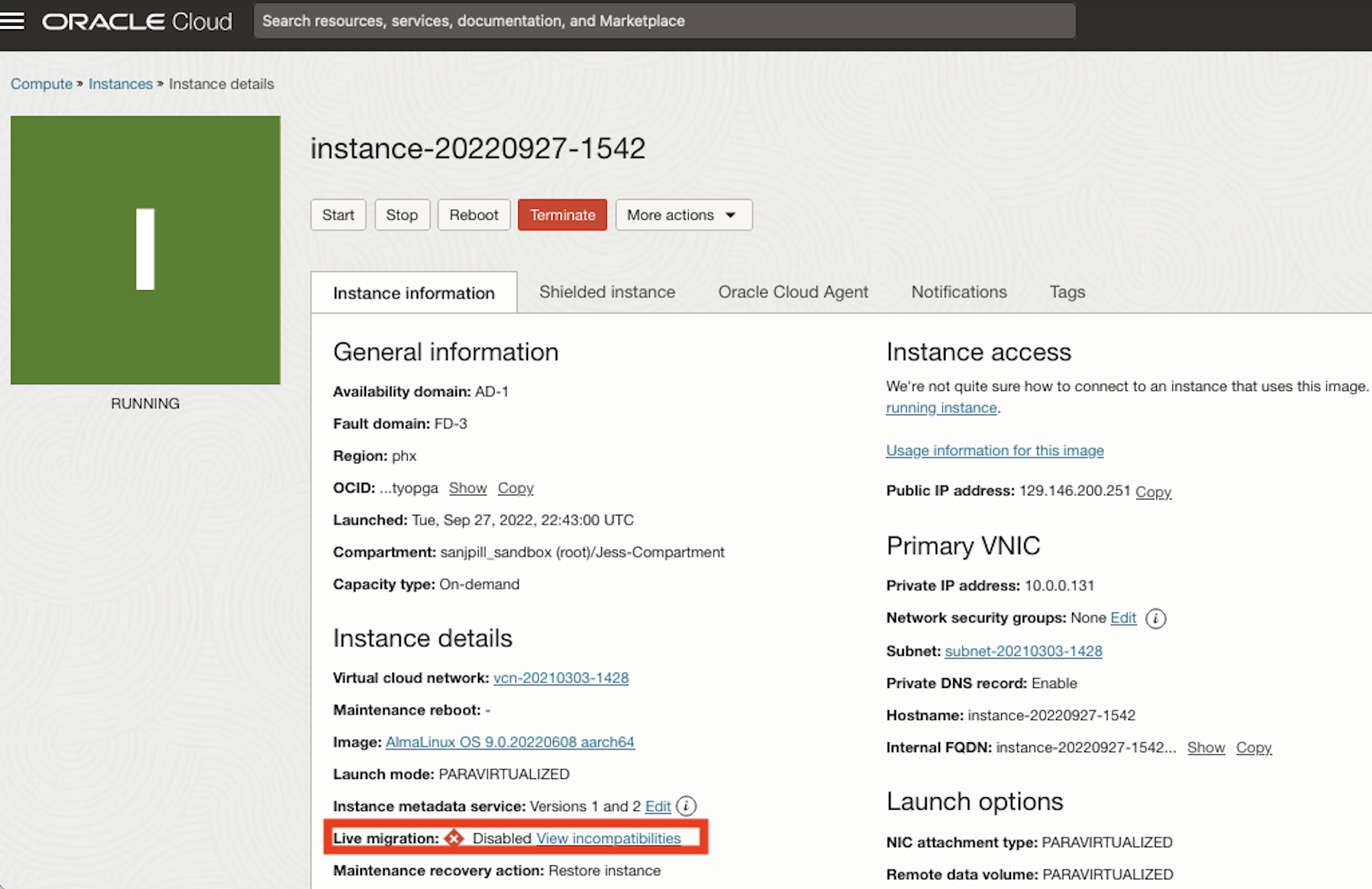 Disabled Live Migration
