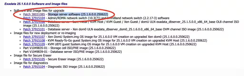 Figure 4: Exadata On-premises: Software version 25.1.6 software and image files
