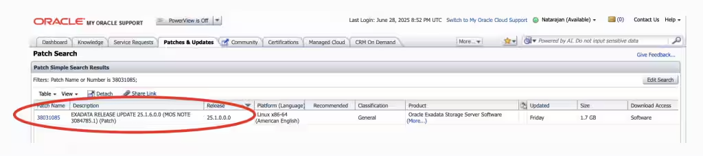 Figure 5: Exadata On-premises: Software version 25.1.6 patch location