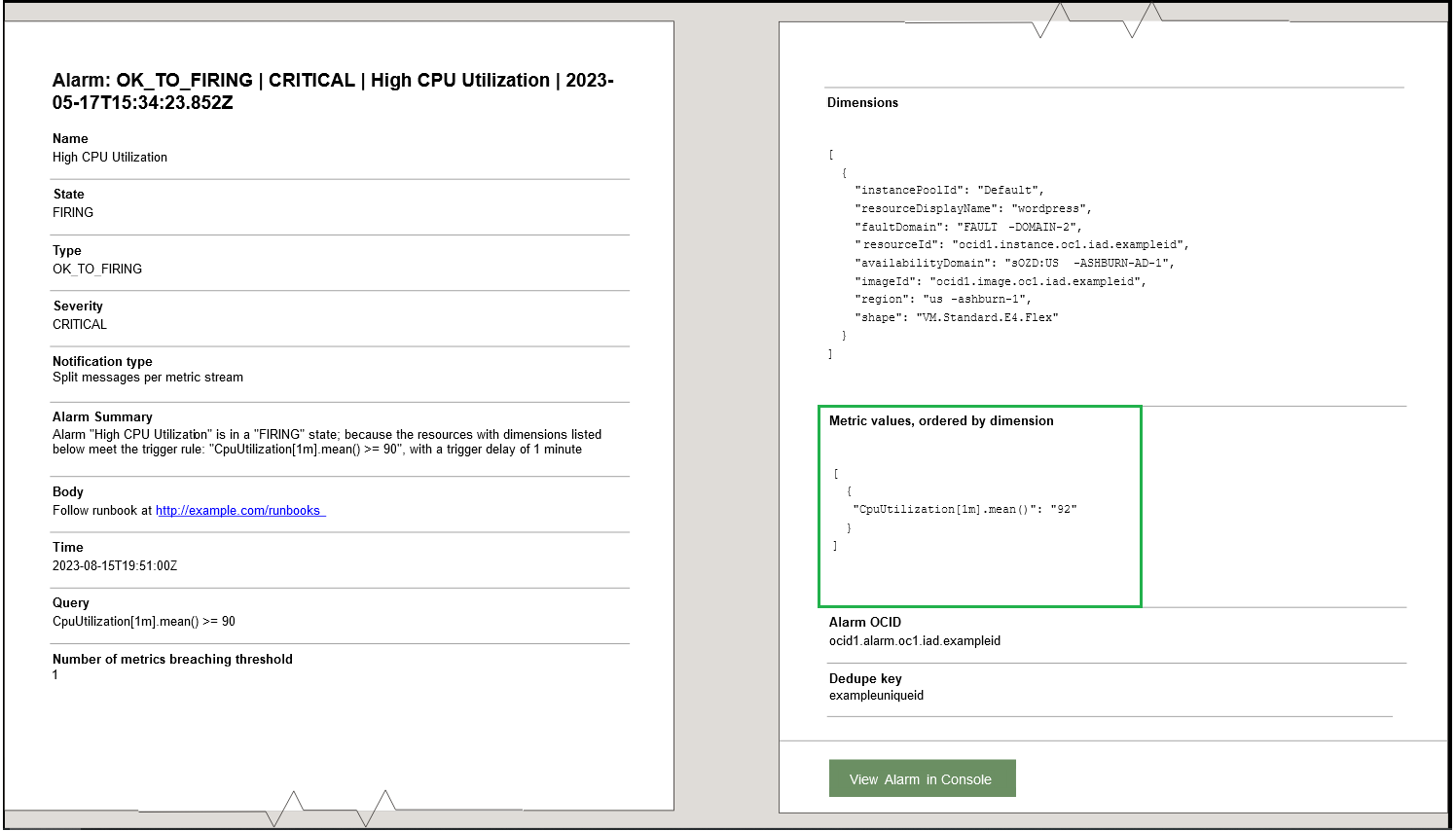 A screenshot of an example email message showing the metric values for single metric streams.
