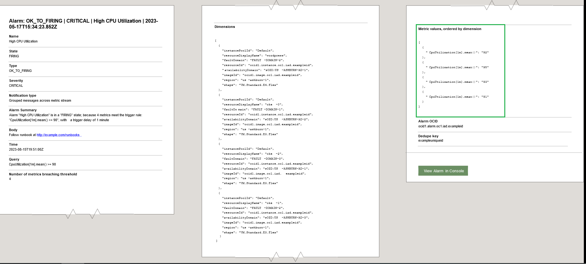 A screenshot of an example email message showing the metric values ordered by dimension for group notifications.