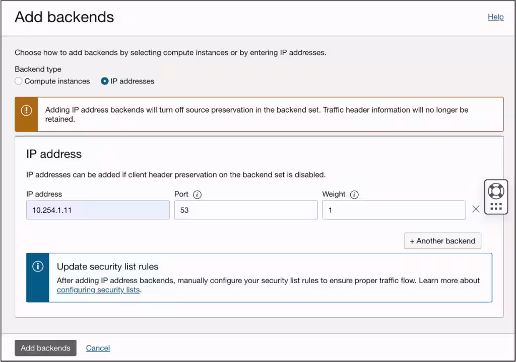 Adding an IP-based backend in the Oracle Cloud Console.