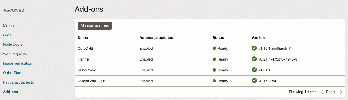 Installed add-ons, whether they have automatic updates enables, statues, and versions.