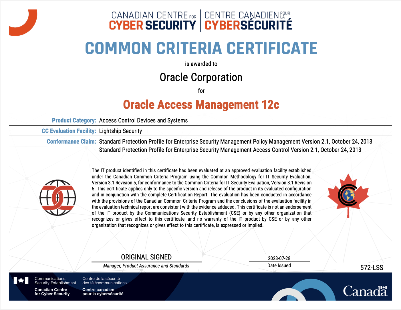 A graphic depicting the Common Criteria certification for Oracle Access Management.